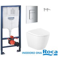 Pack Bati-support GROHE – réservoir encastré, plaque chrome et WC suspendu Roca Ona blanc 48 cm