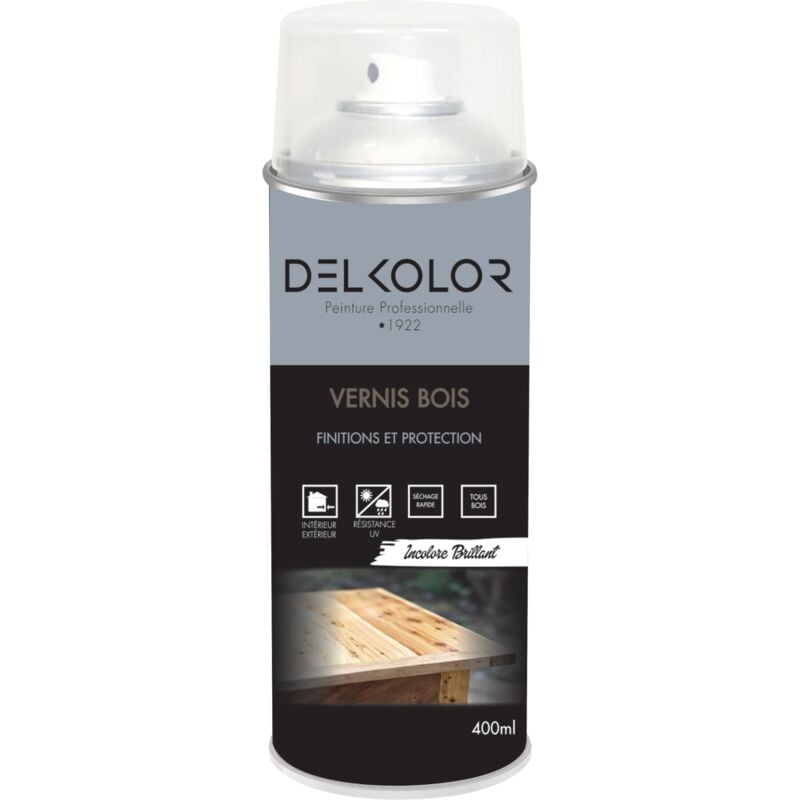 Delkolor Vernis Spécial Bois Incolore en Aérosol - 400ml  Couleur: INCOLORE BRILLANT