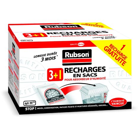 RUBSON Lot de 3 recharges de 1 kg en sac pour absorbeur d'humidité + 1 recharge de 1 kg gratuite, Recharges anti-humidité et anti-odeur (1/4)