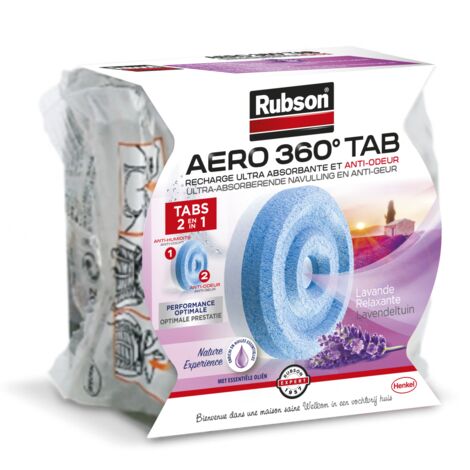 Rubson – Recharge absorbeur d'humidité AERO 360° lavande – Capacité d'absorption 20% – Durée de vie 2 à 3 mois – Compatible espaces jusqu'à 20m² (1/2)