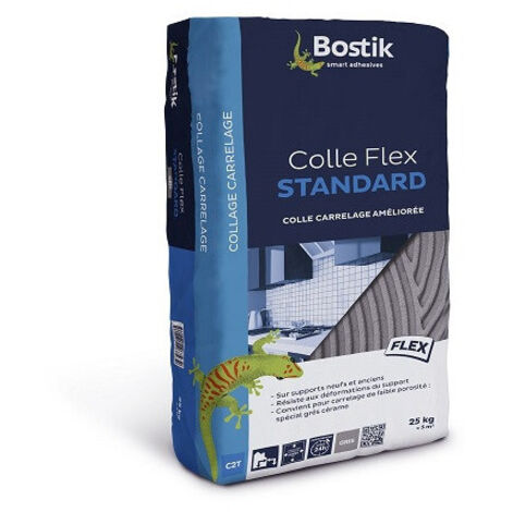 Bostik – Colle pour carrelage FLEX standard C2T 25KG – Résistante à l'eau et aux intempéries – Pour carrelage jusqu'à 60x60 cm – Application murale et au sol