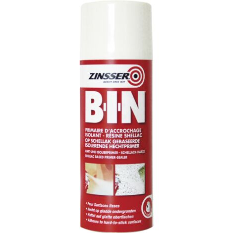 Primaire d'accrochage isolant taches aérosol 400ml – Résine shellac pour surfaces brillantes – Séchage ultra rapide – Blanc – Zinsser - BIN 400 ML