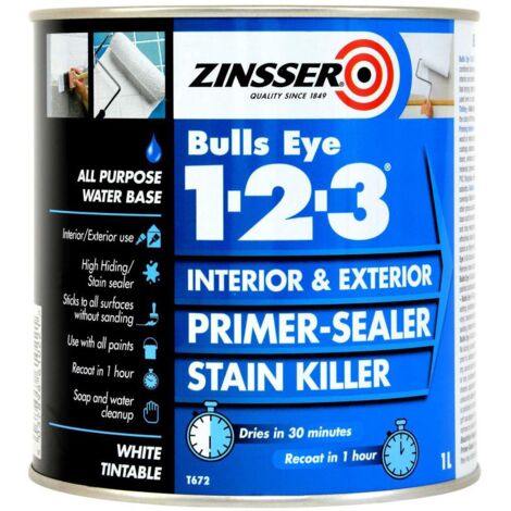 Rust-Oleum – Primaire masquant Zinsser Bulls Eye 1-2-3 blanc 1L – Antirouille pour métal – Adhérence sur surfaces sans ponçage