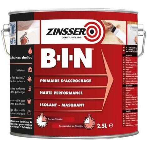 Primaire d'accrochage isolant taches 2,5L – Finition mat pour surfaces brillantes – Adhérence supérieure sur bois et métal – Zinsser