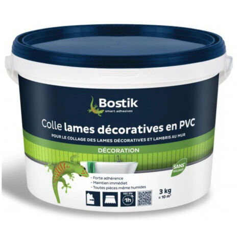 Bostik – Colle acrylique sans solvant pour lames décoratives PVC – 3KG – Forte adhérence en milieu humide – Collage sur plâtre, bois et ciment