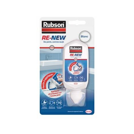 Rubson RE-NEW 80ml, mastic sanitaire blanc à base de silicone, s'applique sur le joint déjà existant, mastic étanche & anti-moisissures