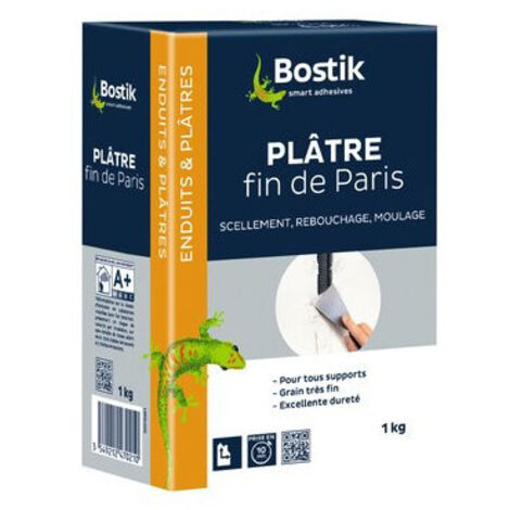 Bostik – Plâtre fin blanc 1.2 kg – Prise rapide 10 min – Pour surfaces brutes comme béton et brique – Application facile et rapide