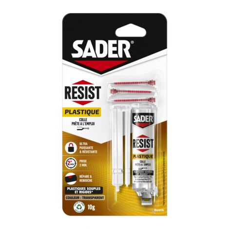 Colle bi-composante epoxy pour plastiques – Résistance -50°C à +120°C – Prise rapide 2 min – Seringue 10g pour réparations précises – Sader