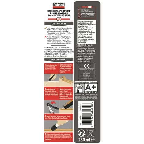 Rubson Maison Mastic Bois & Parquet couleur chêne, Mastic acrylique pour tous supports bois et maçonnerie, Joints pour intérieur et extérieur, cartouche de 280 ml