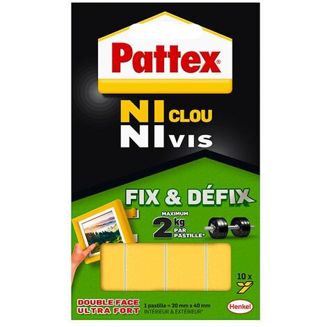 Pattex Ni Clou Ni Vis Fix & Défix, Adhésif blanc surpuissant, Adhésif double face démontable, fixe les objets solidement et durablement, 10 pastilles de 20 x 40 mm