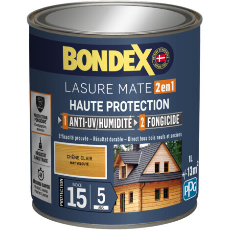 Bondex – Lasure extérieure satin 1L – Protection UV 15 – Anti-goutte – Pour bois dur et humidité – Application facile en 2 couches - ANS 1 L