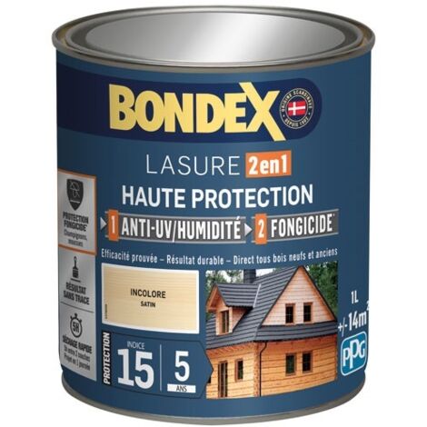 Bondex – Lasure extérieure 2 en 1 satin incolore 1L – Protection UV et fongicide – Pour bois dur et milieux humides – Rendement 14m²/L - ANS 1 L