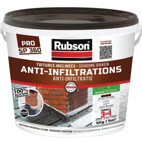 Rubson – Revêtement anti-humidité noir 5kg – Silicone 100 % sans solvant – Élastique pour toitures et gouttières – Résistance -30°C à +120°C