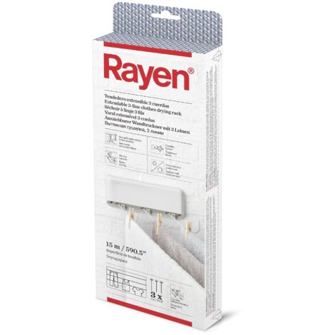 Rayen Tendedero ABS extensible 3 Cuerdas Independientes Recogido Automático de las cuerdas Tendedero para interior y exterior Superficie de tendido 15 m 28,5 x 11,5 x 3,5 cm Blanco (1/5)