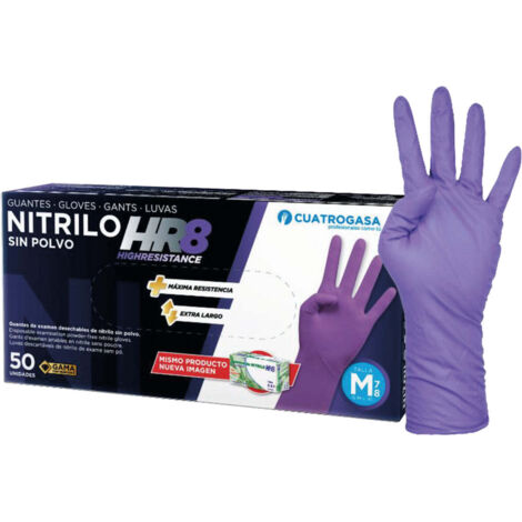 Guantes Desechables de Nitrilo Morados Cuatrogasa HR 8 MoradoXLCaja de 50 unidadesCaja de 50 unidades Morado XL