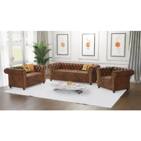 Jule - Chesterfield Polstergarnitur mit Schlaffunktion 3+2+1 aus Braun Vintage Optik Microfaser mit Holzfüßen