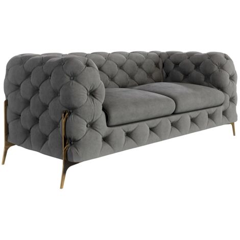 Chesterfield Sofa 2-Sitzer Willow mit Metall Füßen, Grau Samt