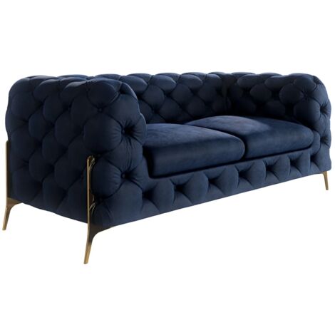 Chesterfield Sofa 2-Sitzer Willow mit Metall Füßen, Blau Samt