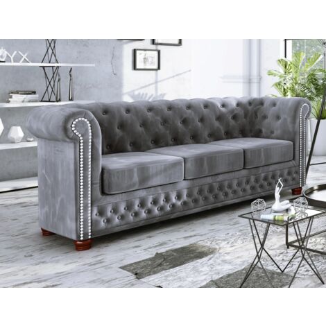 Chesterfield Lothar Sofa 3-Sitzer aus Grau Samt mit Holzfüßen