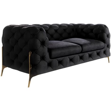 Chesterfield Sofa 2-Sitzer Willow mit Metall Füßen, Schwarz Samt