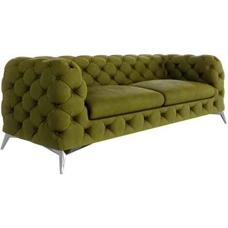 Chesterfield Sofa 3-Sitzer River mit Metall Füßen, Olive Samt