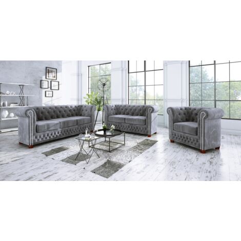 Chesterfield Lothar Polstergarnitur 3+2+1 aus Grau Samt-Stoff