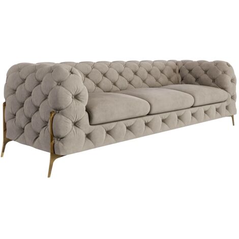 Chesterfield Sofa 3-Sitzer Willow mit Metall Füßen, Creme Samt