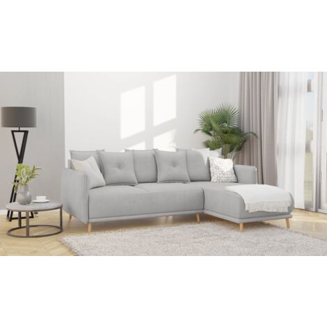 Elmo - Ecksofa mit Schlaffunktion und Bettkasten in scandinavischem Design mit Holzfüßen aus Silber Luxusmicrofaser