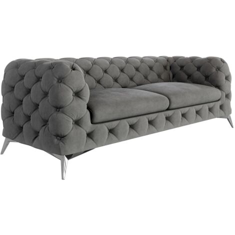 Chesterfield Sofa 3-Sitzer River mit Metall Füßen, Grau Samt