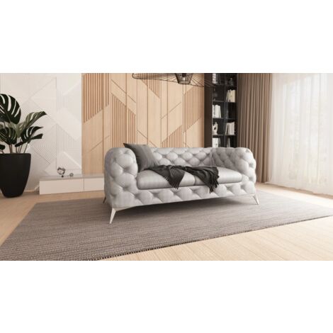 Kare - Chesterfield Sofa 2-Sitzer mit Silber Metall Füßen aus Grau Samtstoff