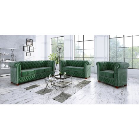 Chesterfield Lothar Polstergarnitur 3+2+1 aus Grün Samt-Stoff