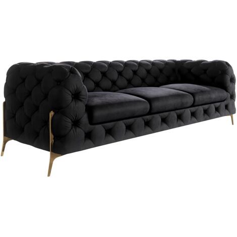 Chesterfield Sofa 3-Sitzer Willow mit Metall Füßen, Schwarz Samt