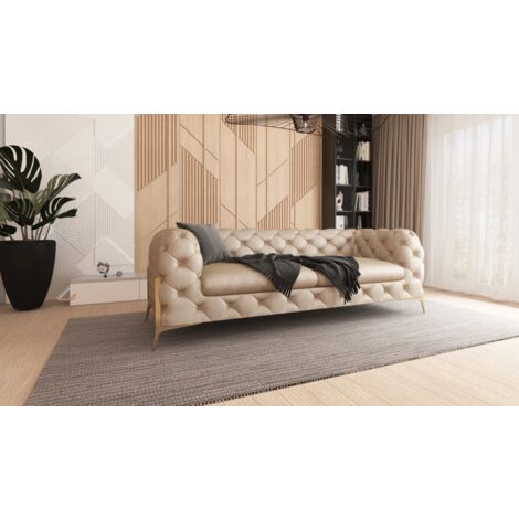 Kela - Chesterfield Sofa 3-Sitzer mit Goldene Metall Füßen aus Beige Samtstoff