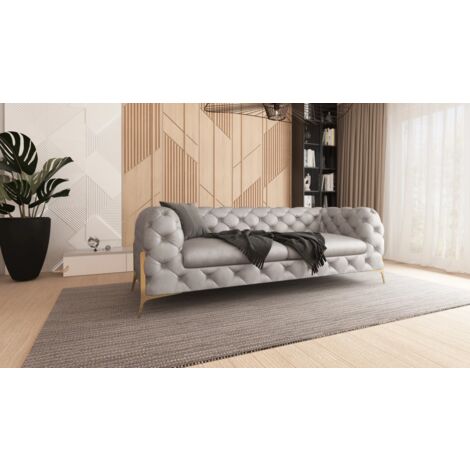 Kela - Chesterfield Sofa 3-Sitzer mit Goldene Metall Füßen aus Grau Samtstoff