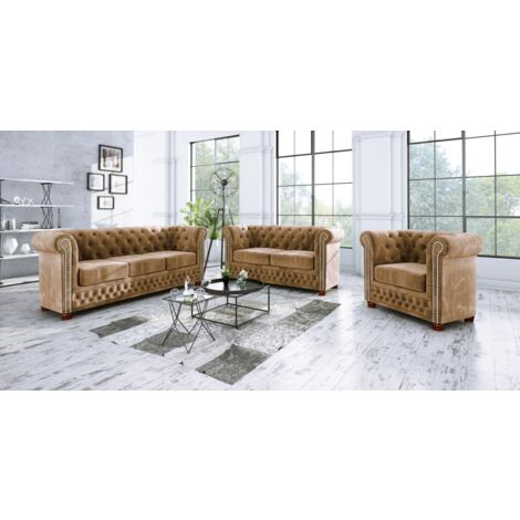 Chesterfield Lothar Polstergarnitur 3+2+1 aus Beige Samt-Stoff