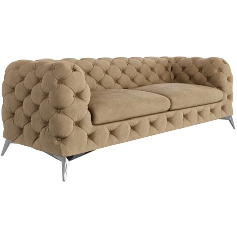 Chesterfield Sofa 3-Sitzer River mit Metall Füßen, Beige Samt