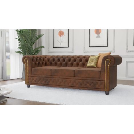Jule - Chesterfield 3 sitzer Sofa aus Braun Vintage Optik Microfaser mit Holzfüßen