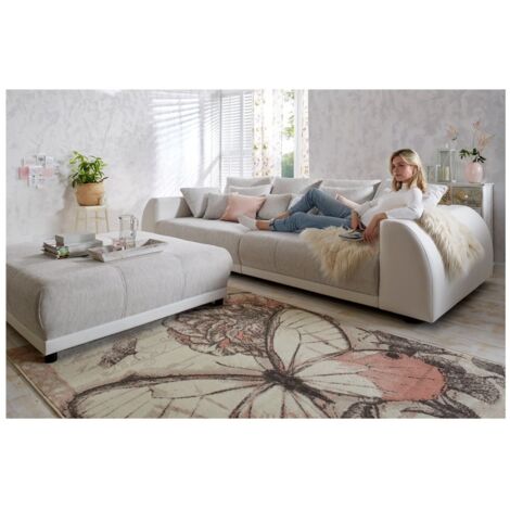 Pauli - Big Sofa 4 Sitzer Boxspringfederung Lounge Sofa mit vielen losen Kissen aus Weiß und Creme Kunstleder/Strukturstoff