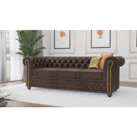 Jule - Chesterfield 3 sitzer Sofa mit Schlaffunktion aus Dunkelbraun Vintage Optik Microfaser mit Holzfüßen