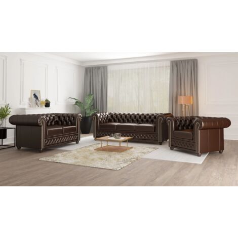 Chesterfield Polstergarnitur 3+2+1 Lukas aus Braun veganem Leder