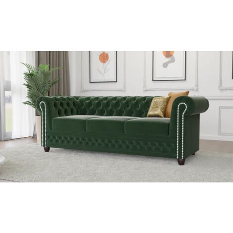 Kero - Chesterfield 3 sitzer Sofa aus Flasche grün Samt-Stoff mit Holzfüßen