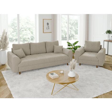 Viggo - Polstergarnitur 3+1 mit Braun Holzfüßen im skandinavischen Stil aus Beige Boucle-Stoff
