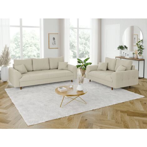 Odin - Polstergarnitur 3+2 mit Braun Holzfüßen im skandinavischen Stil aus Beige Cord-Stoff