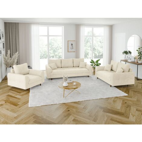 Ivar - Polstergarnitur 3+2+1 mit Braun Holzfüßen im skandinavischen Stil aus Beige Chenille-Stoff