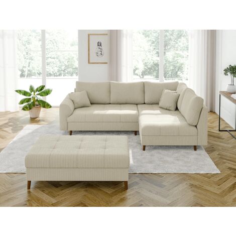 Odin - Ecksofa mit Schlaffunktion und Hocker mit Braun Holzfüßen im skandinavischen Stil aus Beige Cord-Stoff