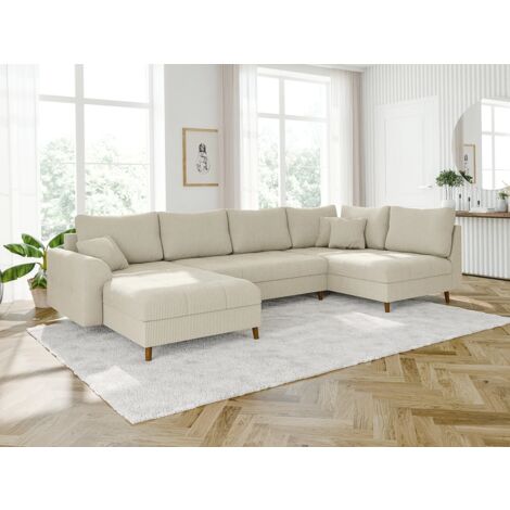 Odin - Wohnlandschaft mit Braun Holzfüßen im skandinavischen Stil aus Beige Cord-Stoff