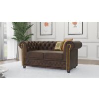 Jule - Chesterfield 2 sitzer Sofa mit Schlaffunktion aus Dunkelbraun Vintage Optik Microfaser mit Holzfüßen