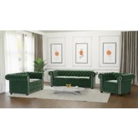 Kero - Chesterfield Polstergarnitur 3+2+1 aus Flasche grün Samt-Stoff mit Holzfüßen