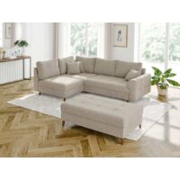 Viggo - Ecksofa mit Schlaffunktion und Hocker mit Braun Holzfüßen im skandinavischen Stil aus Beige Boucle-Stoff