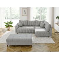 Odin - Ecksofa mit Schlaffunktion und Hocker mit Braun Holzfüßen im skandinavischen Stil aus Hellgrau Cord-Stoff